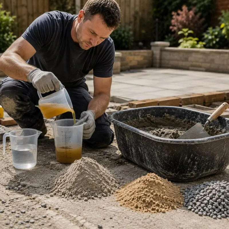 Using Admixtures in Concrete and Mortar Outdoor Projects Tradesperson measuring liquid admixture into a mixing jug before preparing concrete and mortar for an outdoor patio project