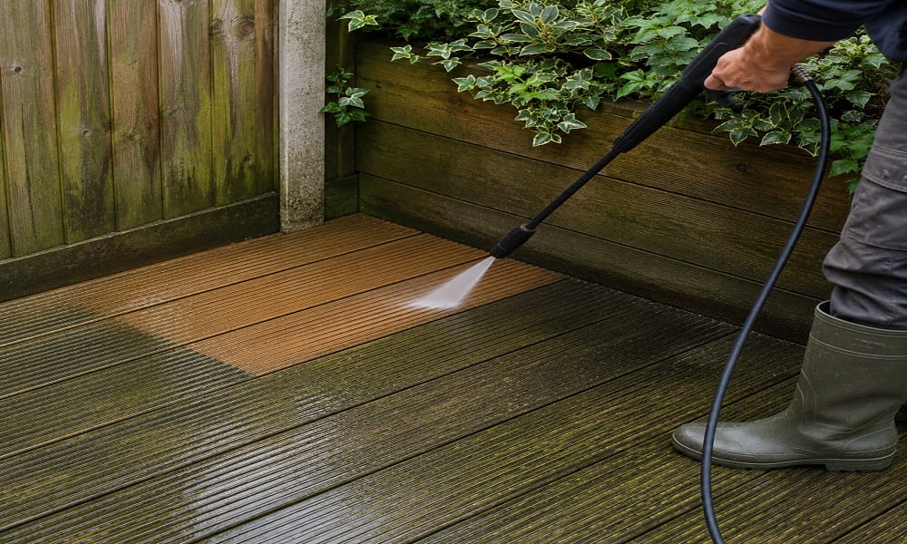 Using a pressure washer carefully on decking at low pressure