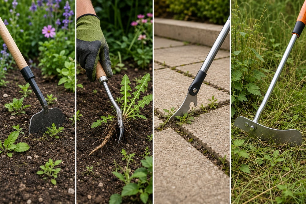 Comparison of hoe, hand weeder, patio weeder and weed slasher used on different garden weed removal tasks