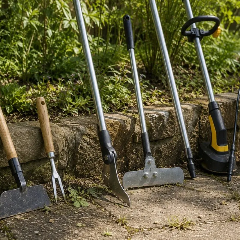 Selection of weeding tools arranged on a garden patio for comparing weed removal options