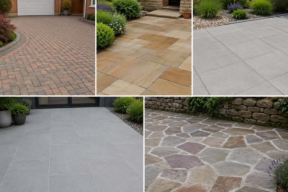 Different paving surfaces including block paving concrete porcelain and Indian sandstone before sealing