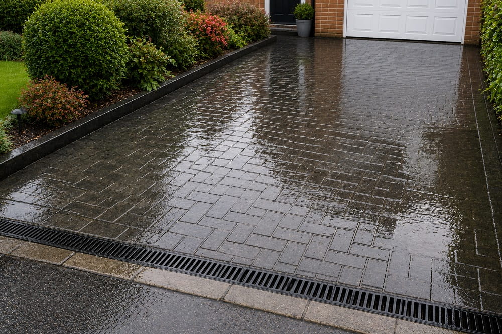 Checking driveway drainage and standing water before applying patio or driveway sealer