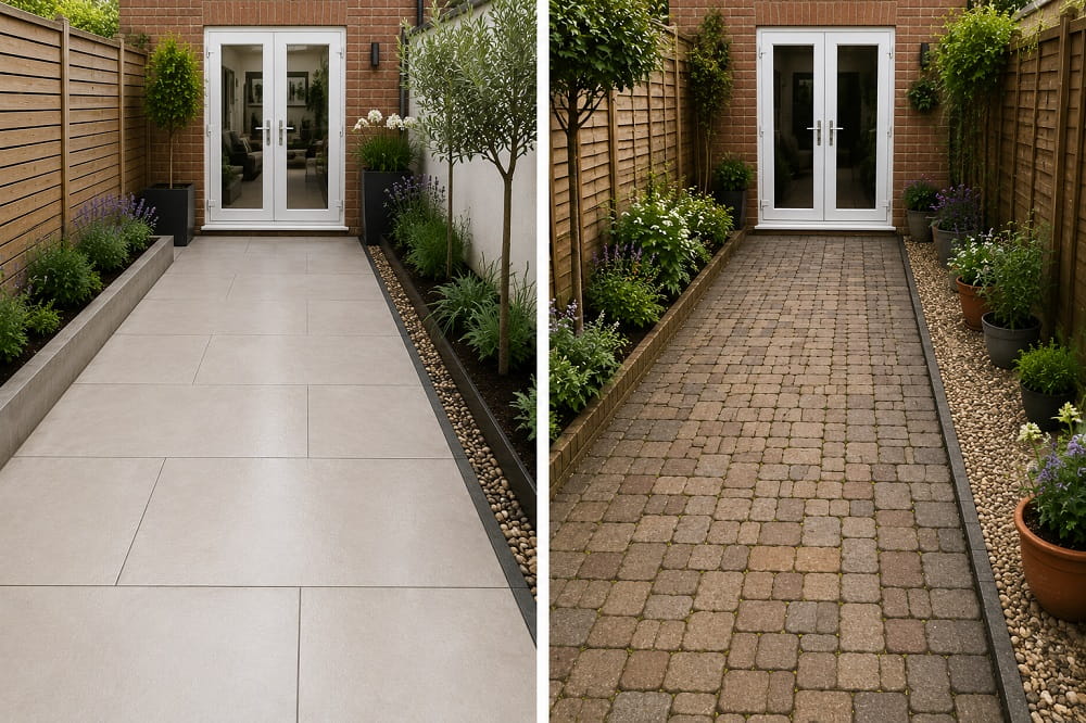 Comparison of large-format paving and small paving units showing the difference in joint numbers