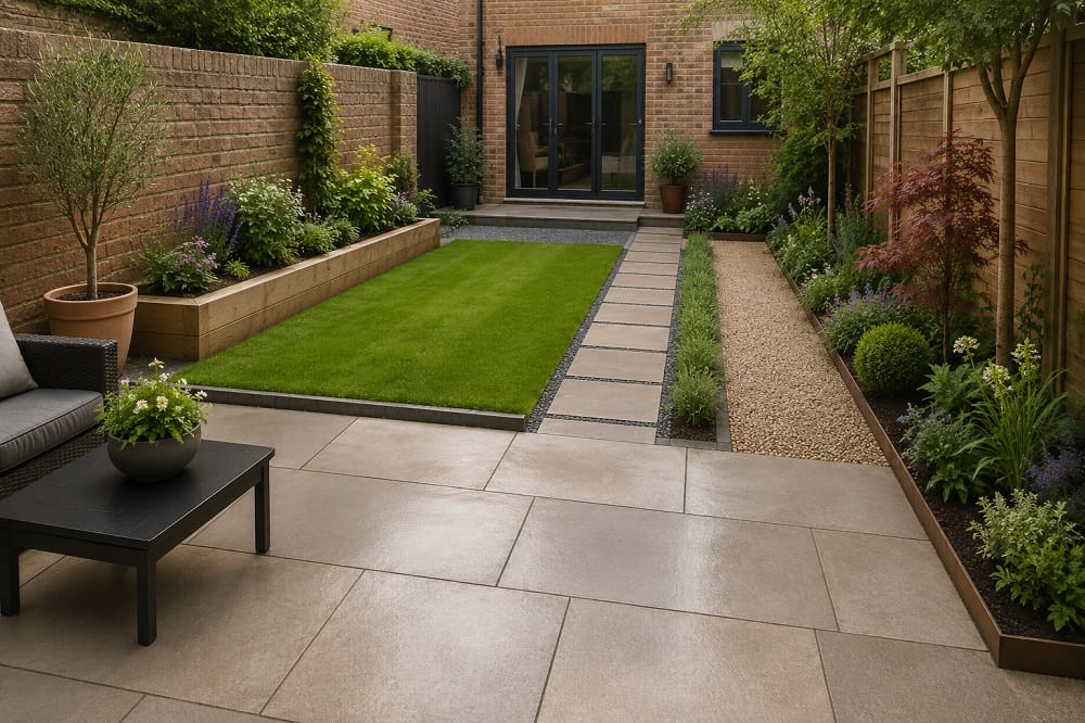 Low-maintenance small UK garden with large paving slabs, edged lawn, gravel path and simple planting layout