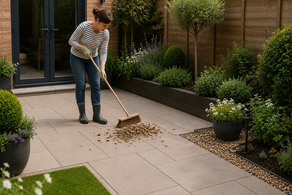 Sweeping leaves from a small patio with stable paving joints and neat garden edging