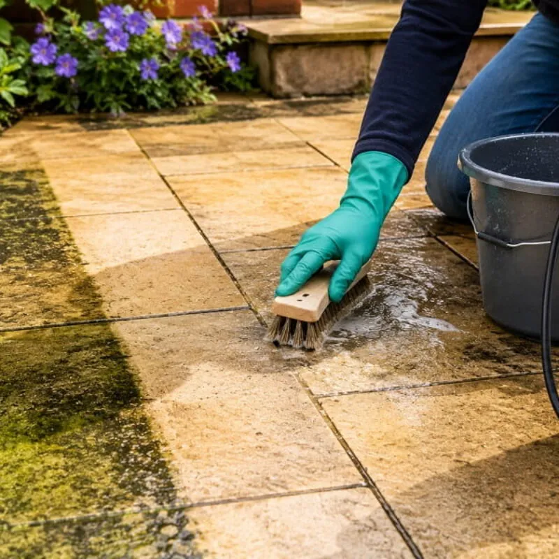 Patio Cleaner Surface and Stain Type Guide Featured Image Homeowner testing patio cleaner on paving with algae-covered and cleaned patio slabs to compare cleaning results by surface condition.