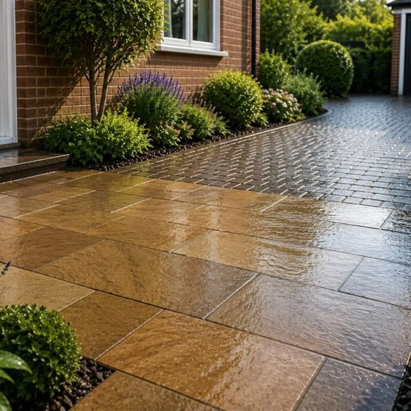 Patio Driveway Sealer Types Explained Featured Image Residential patio and block paved driveway showing different sealed surface finishes in a realistic outdoor setting