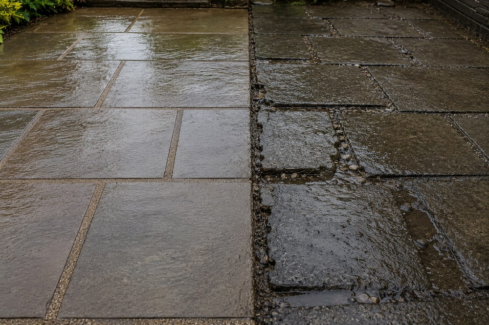 Patio jointing compound washed out after rain compared with correctly filled paving joints