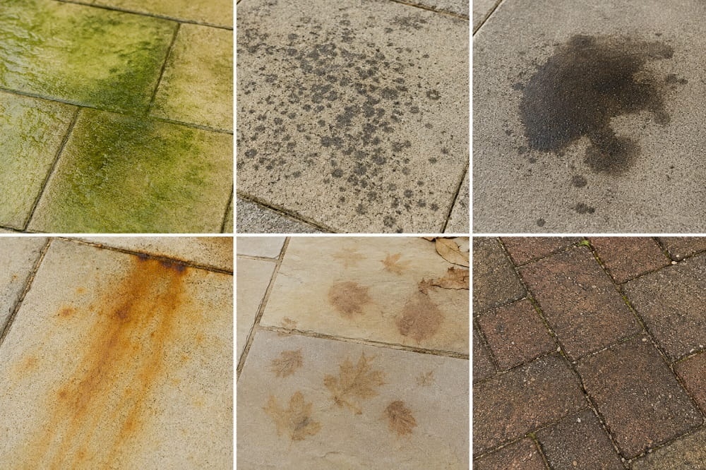 Common patio stains including algae black spots oil rust leaf tannins and general dirt on different paving surfaces