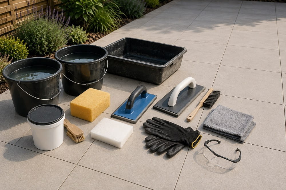 Tools and cleaning equipment prepared before jointing porcelain paving