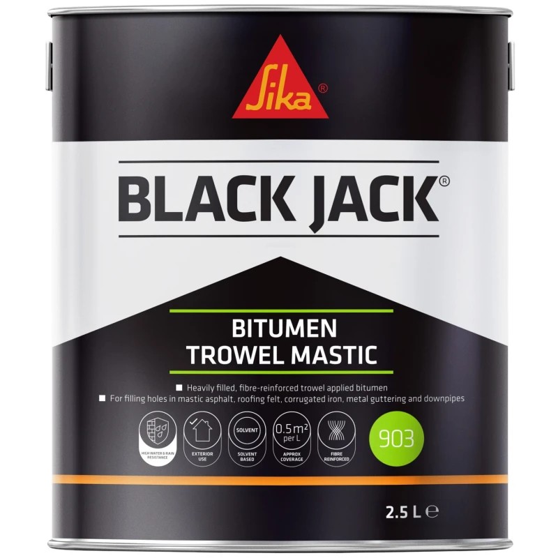 Sika Black Jack 903 Bitumen Trowel Mastic 2.5L fibre reinforced black bitumen repair mastic for roof holes cracks gutters and flashing repairs