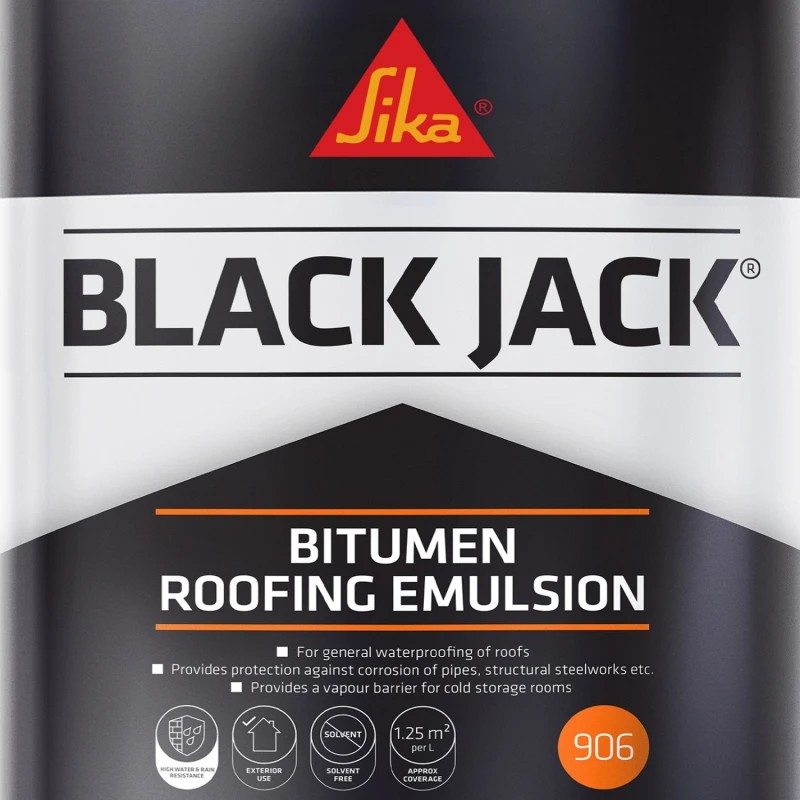 Close-up of Sika Black Jack 906 Bitumen Roofing Emulsion label showing waterproofing, exterior use, solvent-free and coverage icons