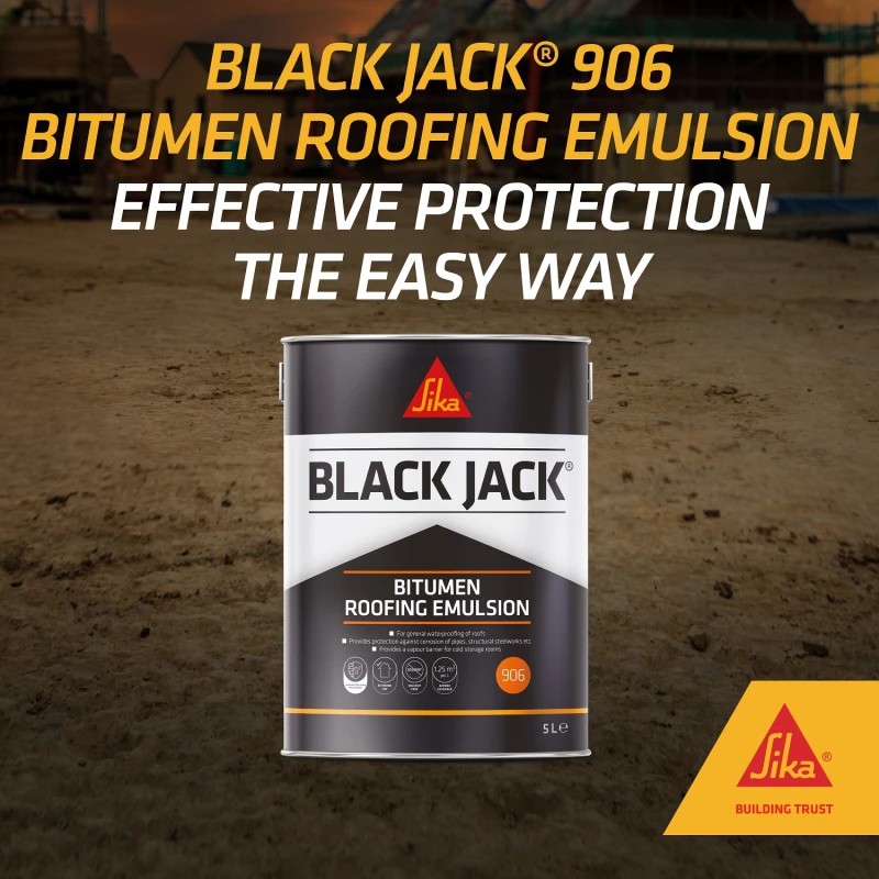 Sika Black Jack 906 Bitumen Roofing Emulsion promo graphic showing 5L tin and effective roof protection message