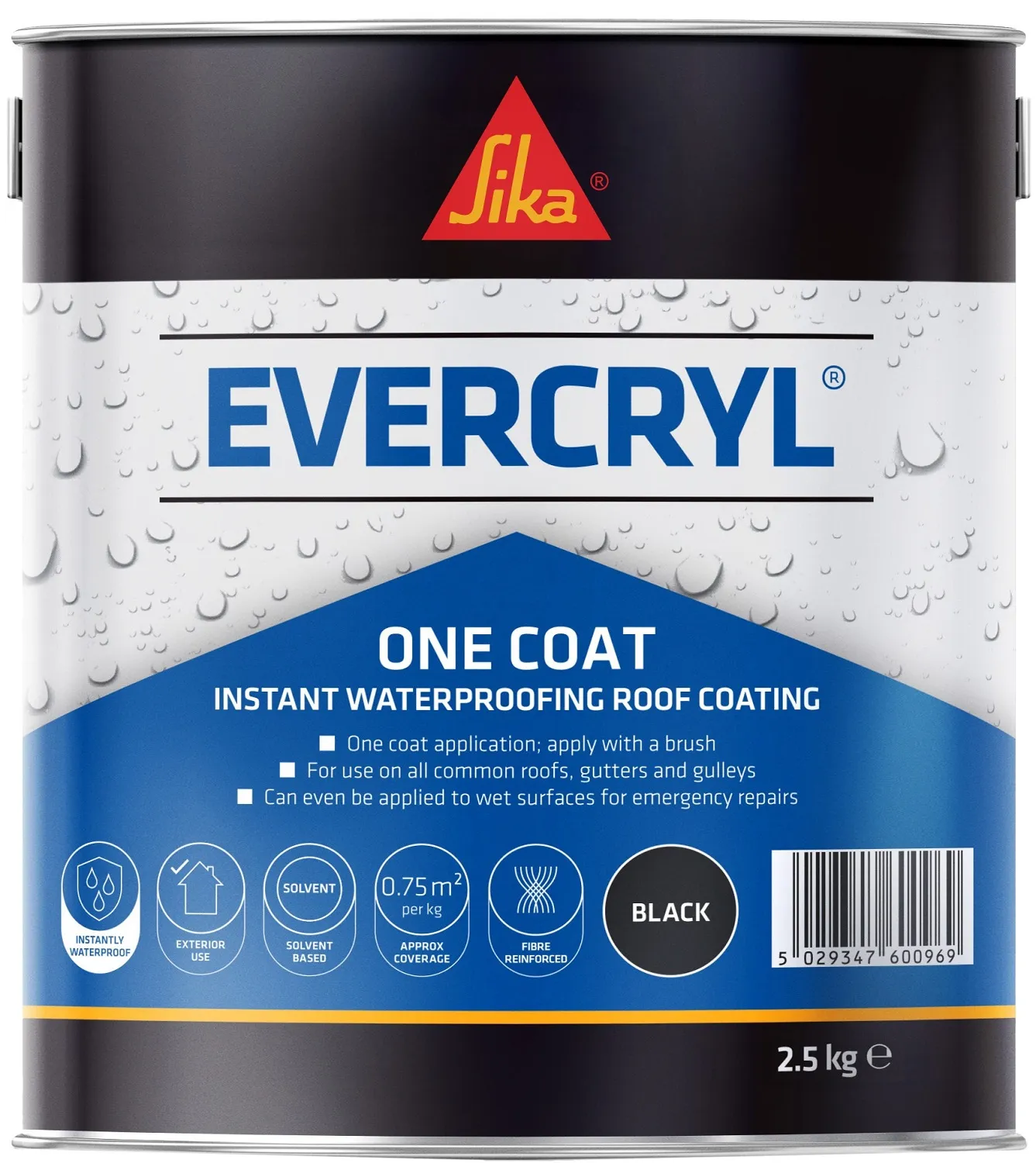 Metal Can Sika Evercryl Black Fibre Reinforced Roof Repair Compound 2.5kg 851572