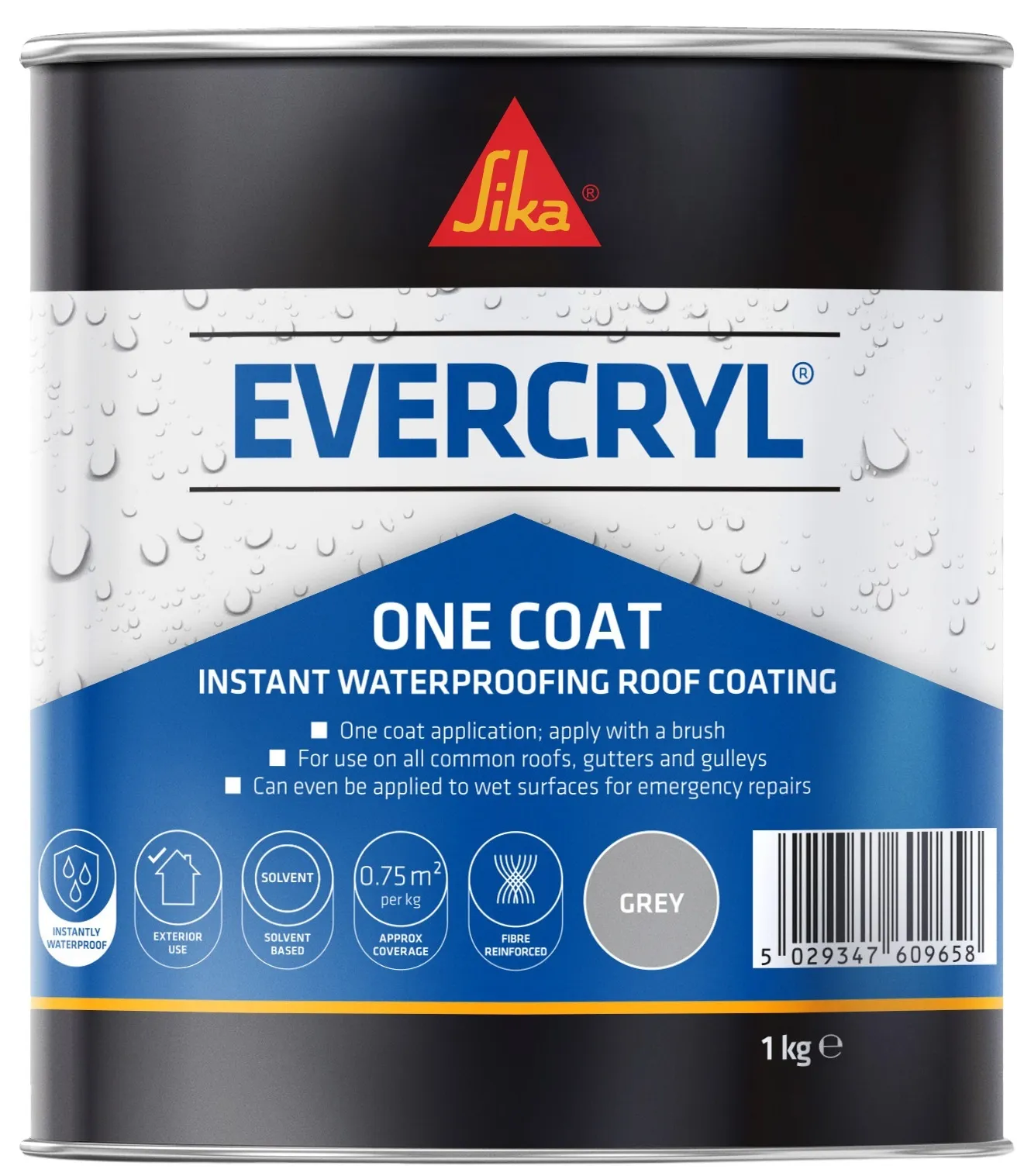 Metal Can Sika Evercryl Fibre Reinforced Roof Repair Coating Compound Grey 1kg 851469