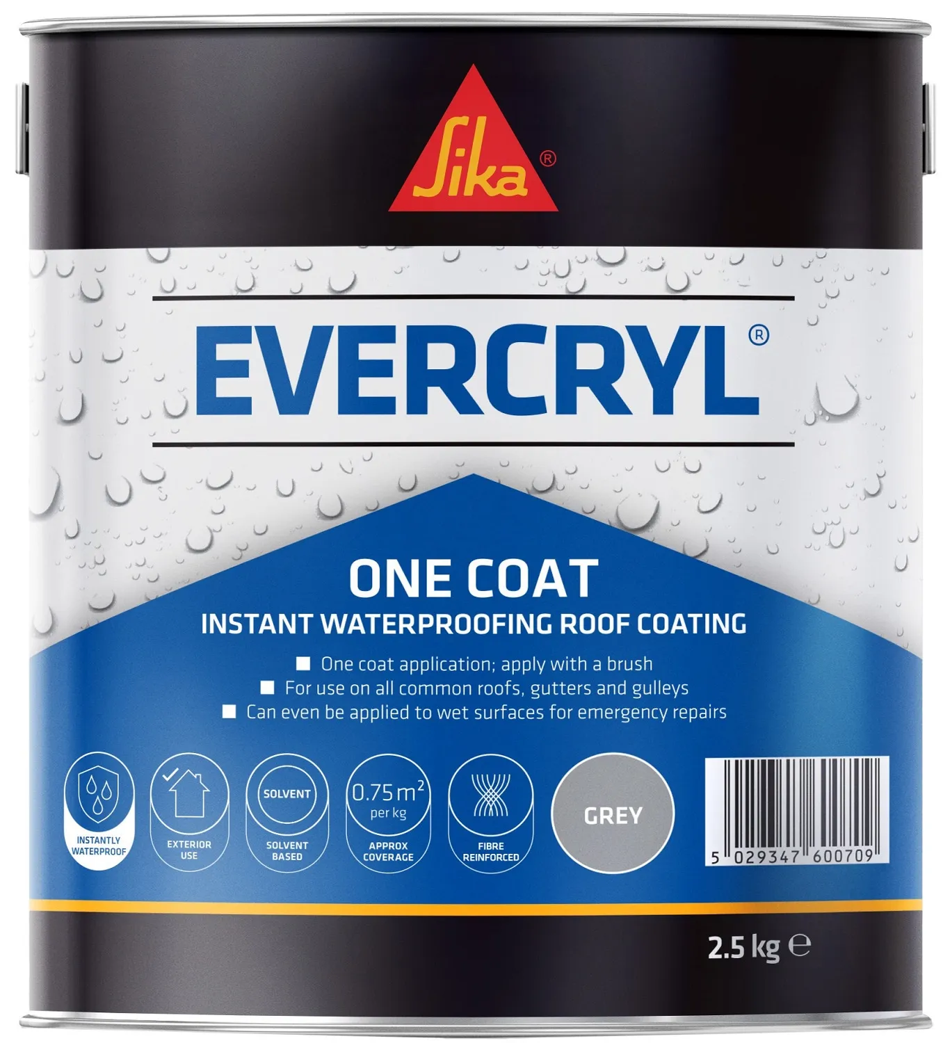 Metal Can Sika Evercryl Grey Fibre Reinforced Roof Repair Compound 2.5kg 851478