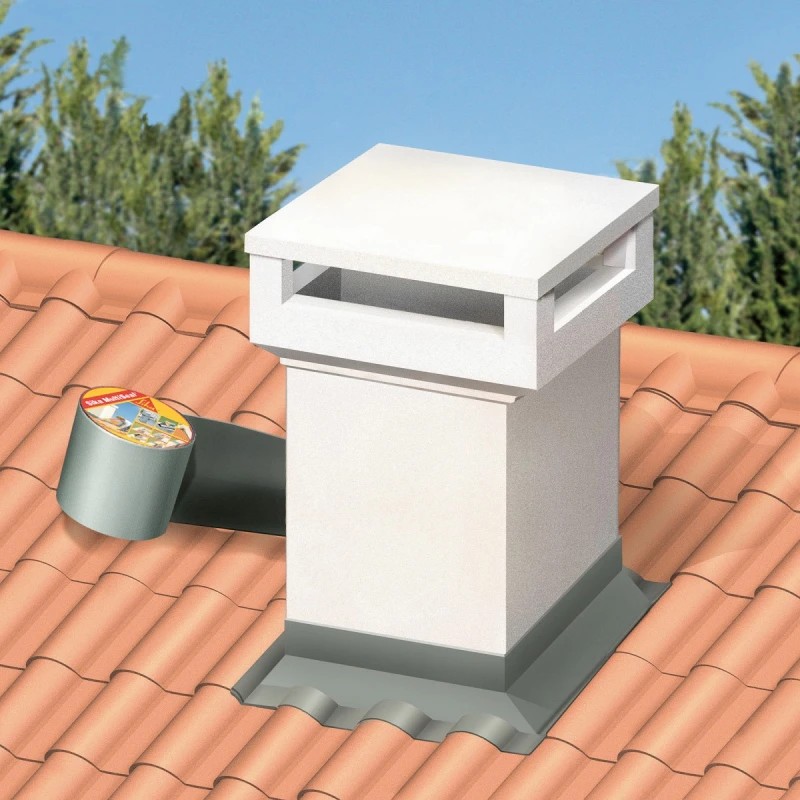Sika MultiSeal flashing tape applied around a chimney on a tiled roof for lead look flashing repair
