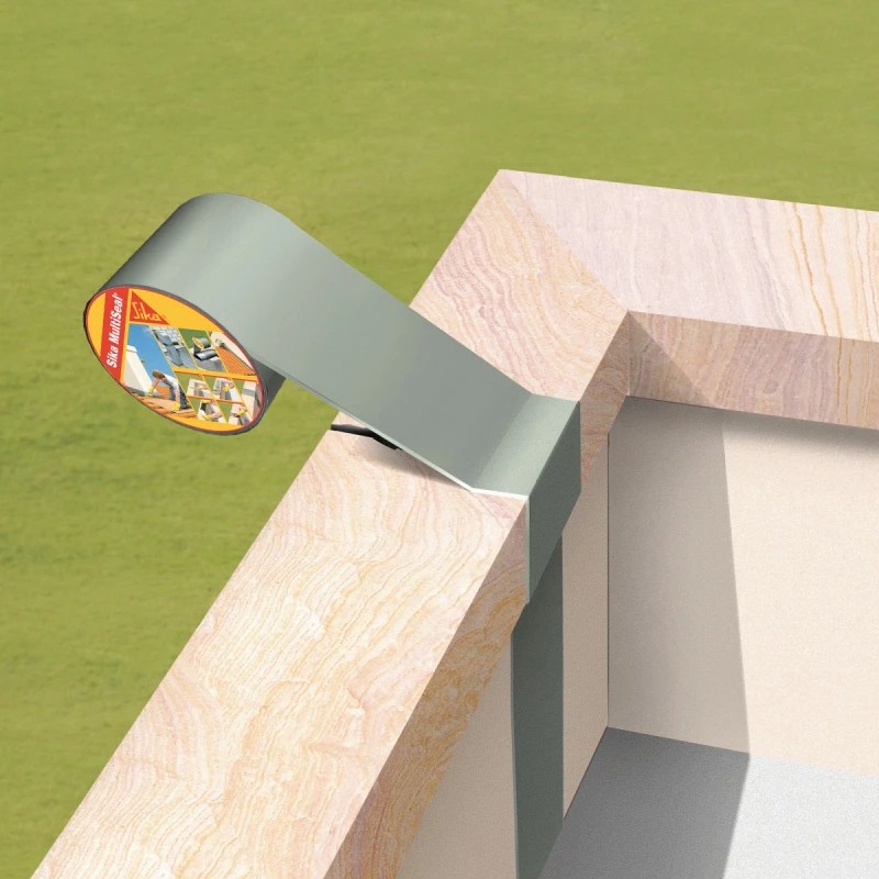 Sika MultiSeal flashing tape applied to a masonry roof edge as a lead look sealing and flashing repair