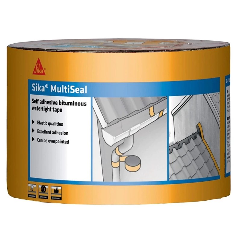 Sika MultiSeal self-adhesive bituminous watertight flashing tape roll with product label showing roof and gutter repair uses