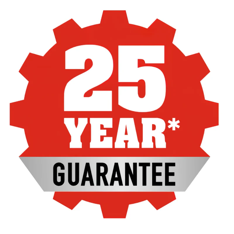 Red cog-shaped badge displaying a 25-year guarantee message.