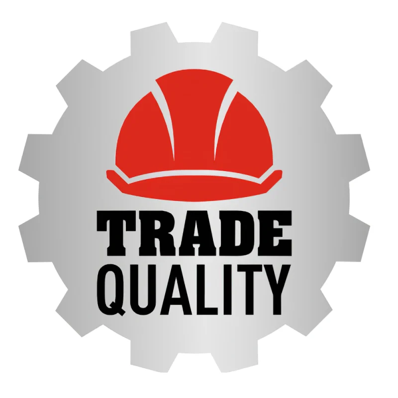 Grey cog-shaped badge with a red hard hat and the words Trade Quality.