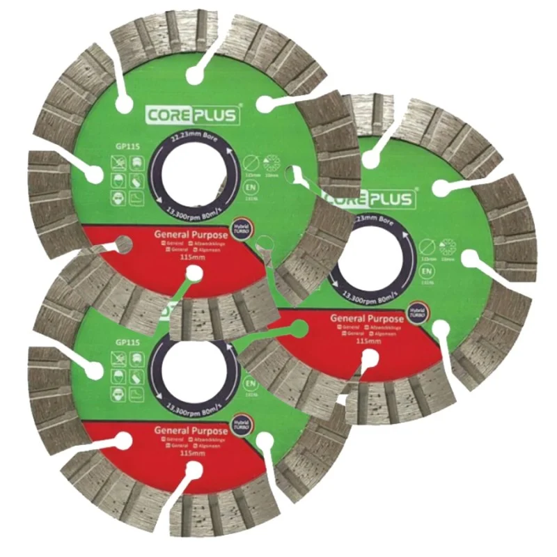 Three green and red Coreplus diamond cutting blades arranged with their segmented edges visible.