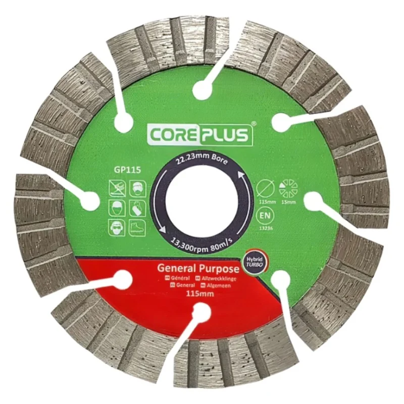 Face-on view of a Coreplus diamond cutting blade showing the centre bore and slotted cutting edge.