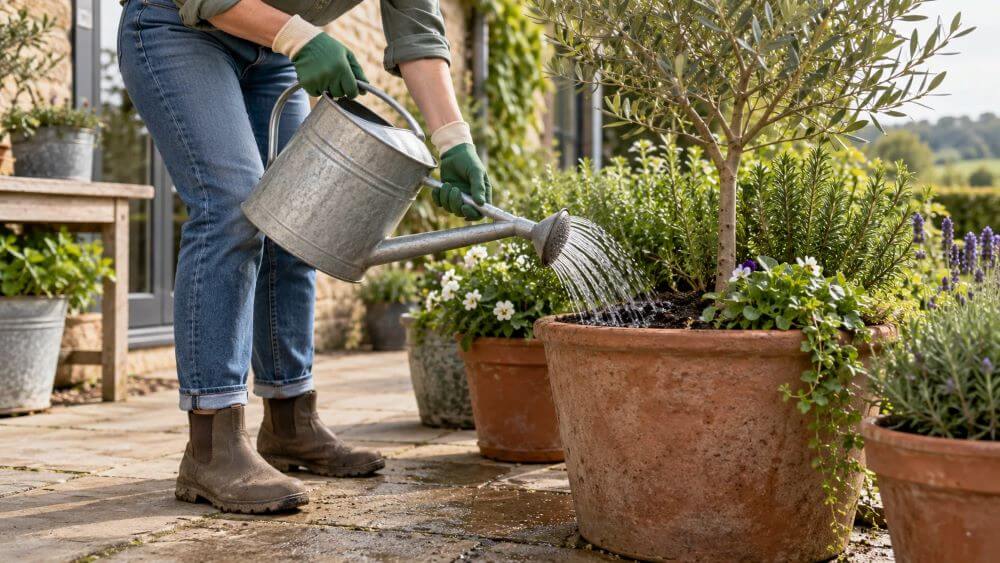 A gardener applies diluted liquid feed to container compost with a watering can.