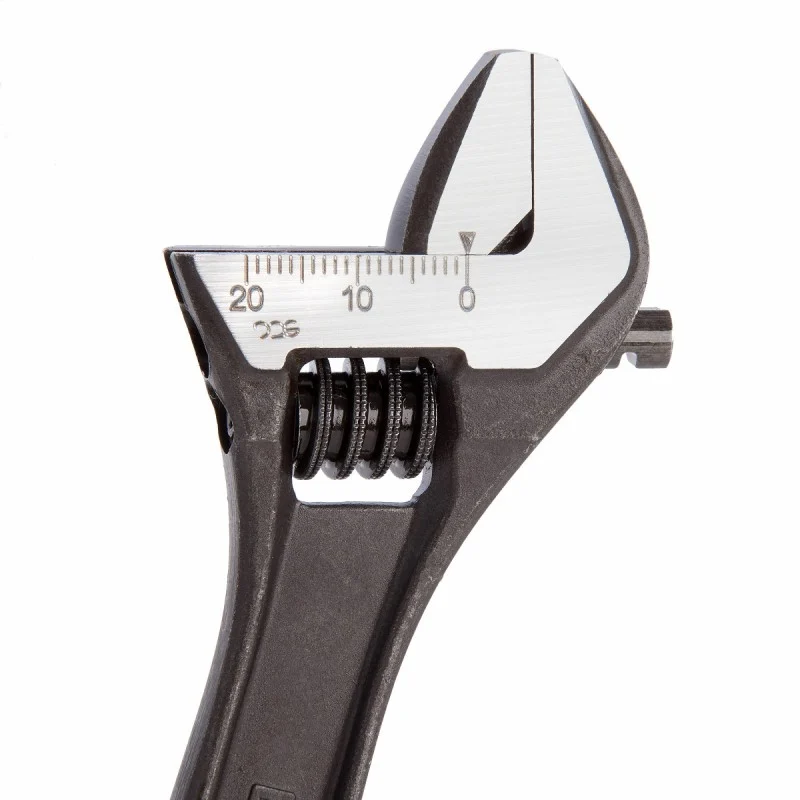 Close-up of a Bahco adjustable wrench showing the jaws, measurement scale and adjustment wheel.