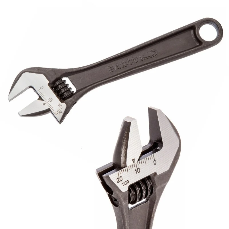 Bahco adjustable wrench shown in full, with an inset close-up of the open jaws.