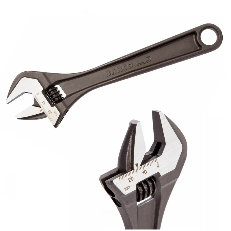 Bahco 8071 adjustable wrench displayed diagonally with an enlarged view of the jaws.