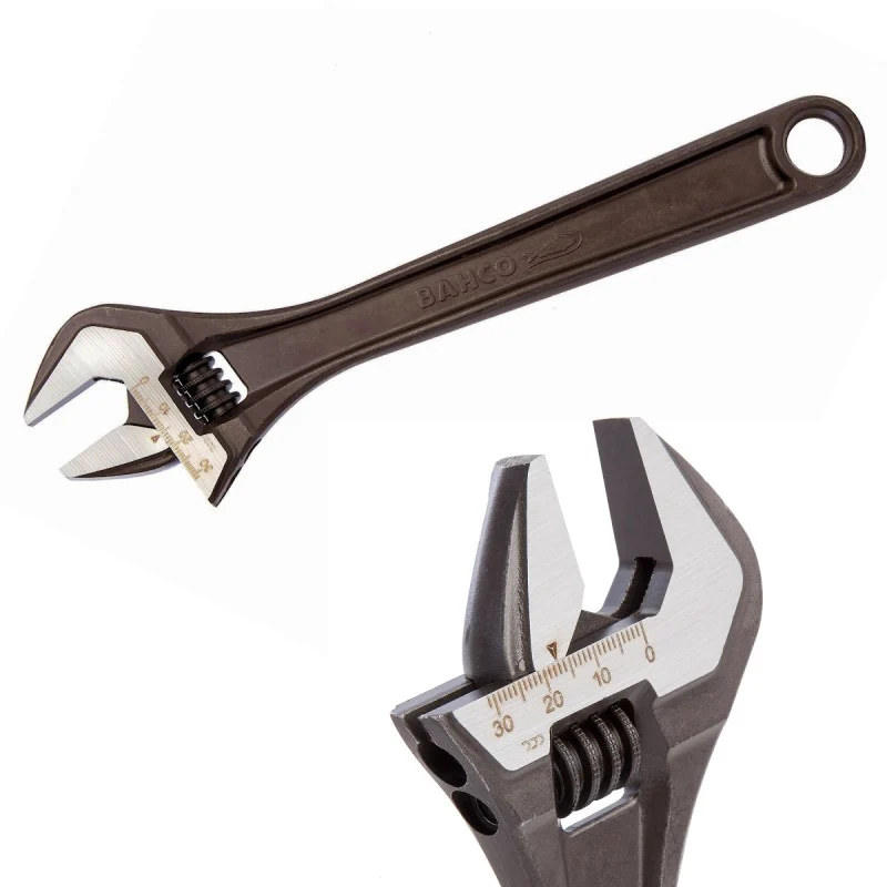 Bahco 8072 adjustable wrench with a long dark handle and an inset view of its jaws.