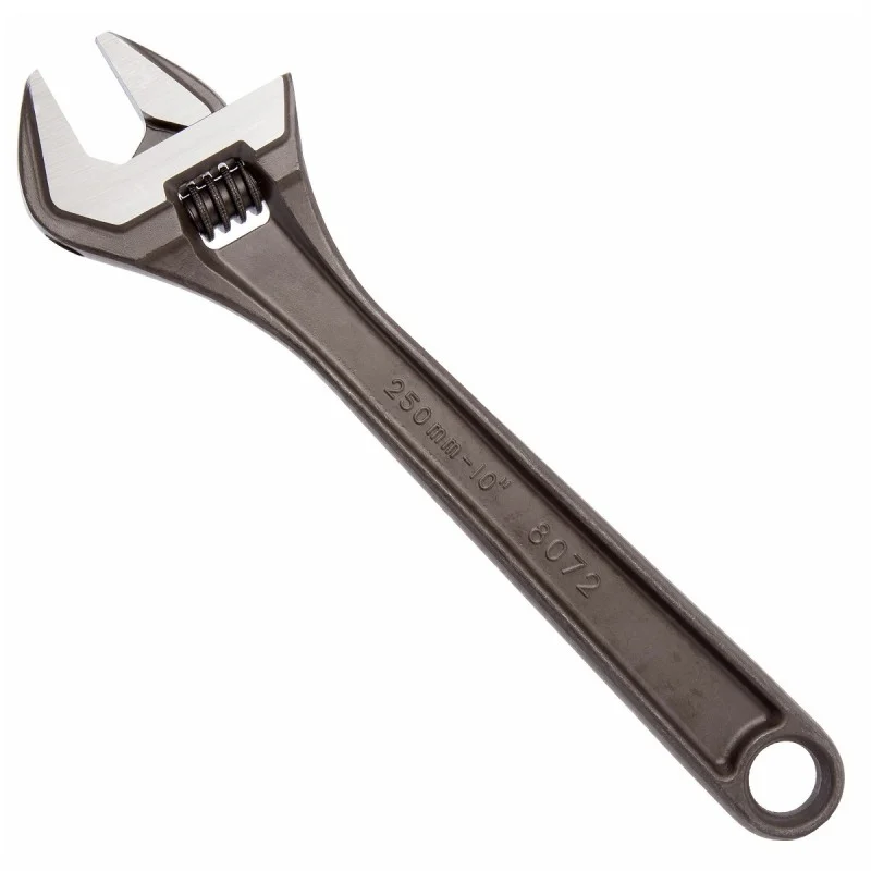 Bahco adjustable wrench shown diagonally with its open jaws and handle hanging hole visible.