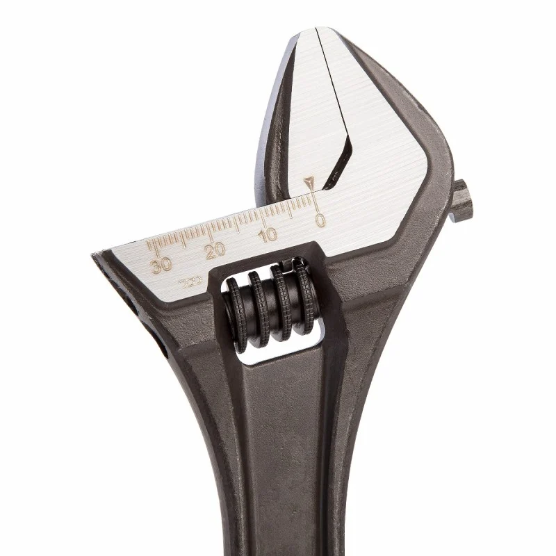 Close-up of the Bahco wrench head showing its measurement scale and toothed adjustment wheel.
