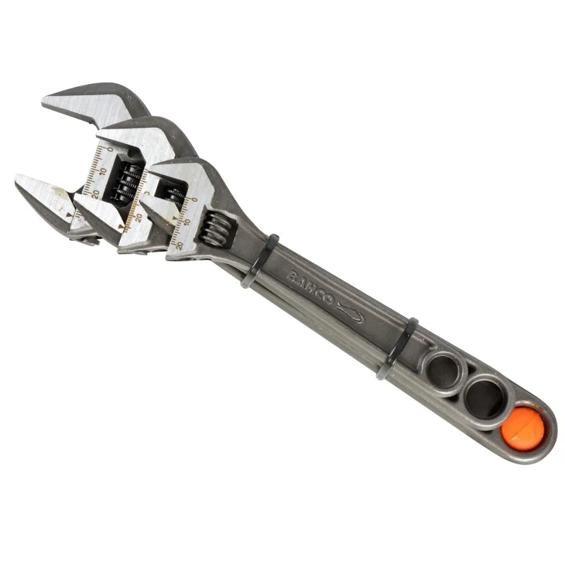 Three Bahco adjustable wrenches stacked together with their heads and handle ends visible.