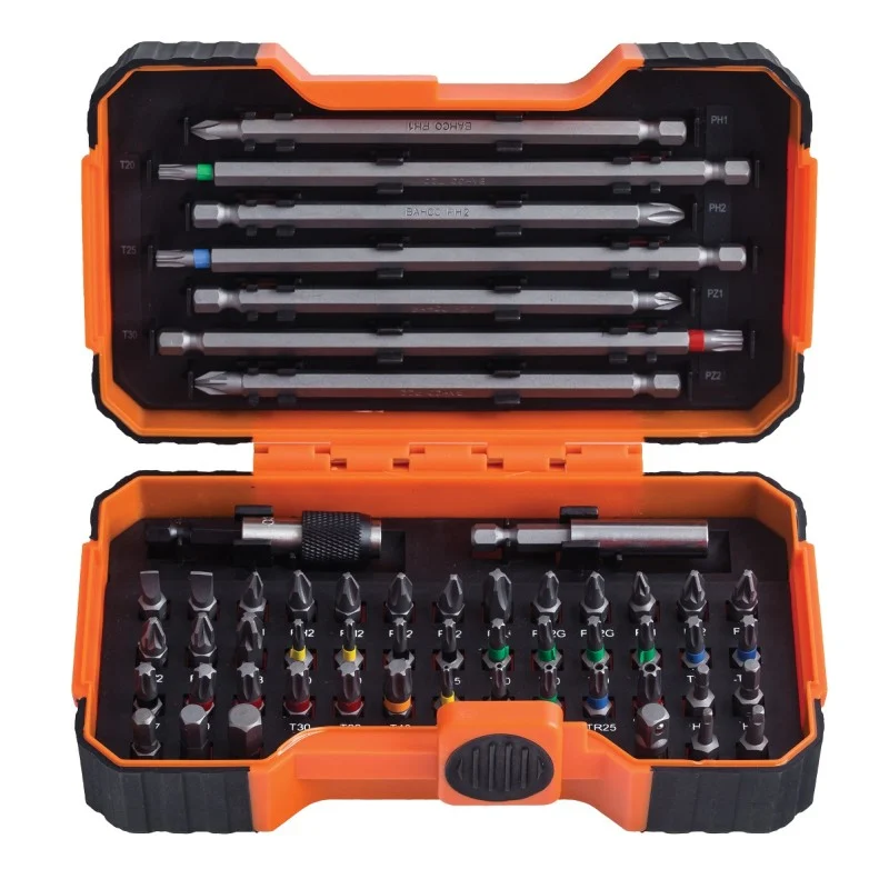 Top view of the open Bahco bit case showing rows of bits and the longer tools stored in its lid.