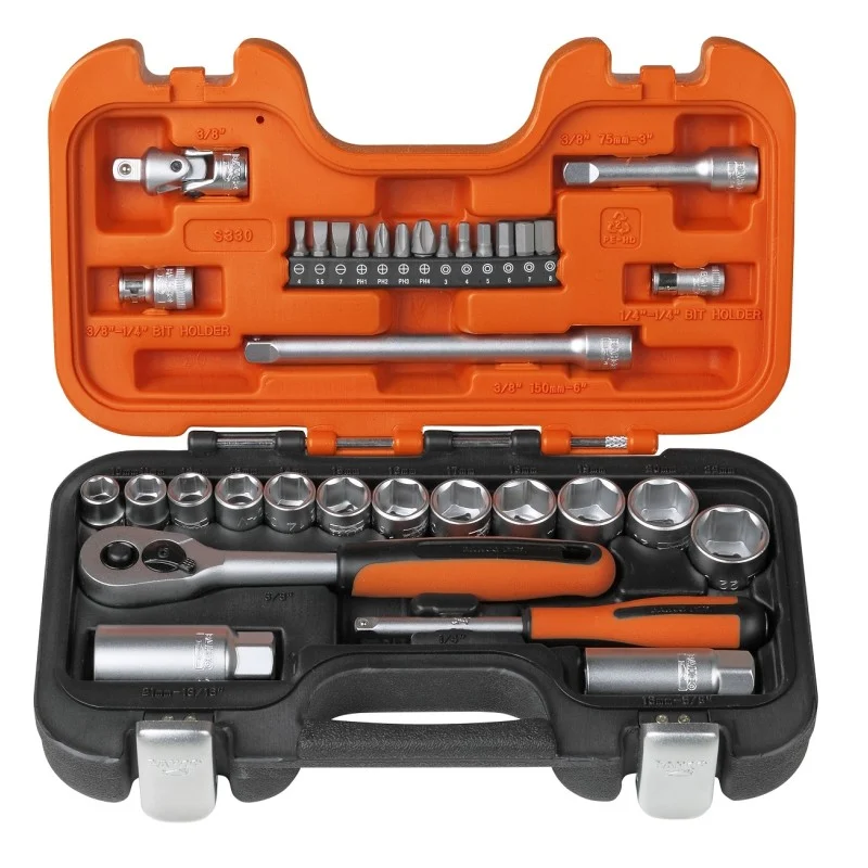Front view of an open Bahco socket set showing sockets, bits, ratchet and extension accessories.