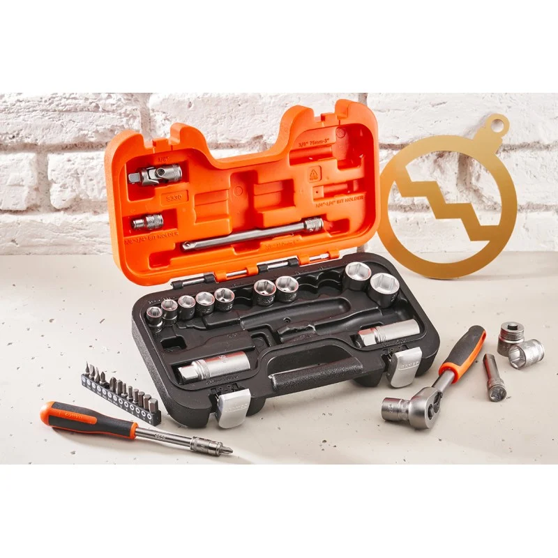 Open Bahco socket set on a worktop with sockets and accessories placed around the case.