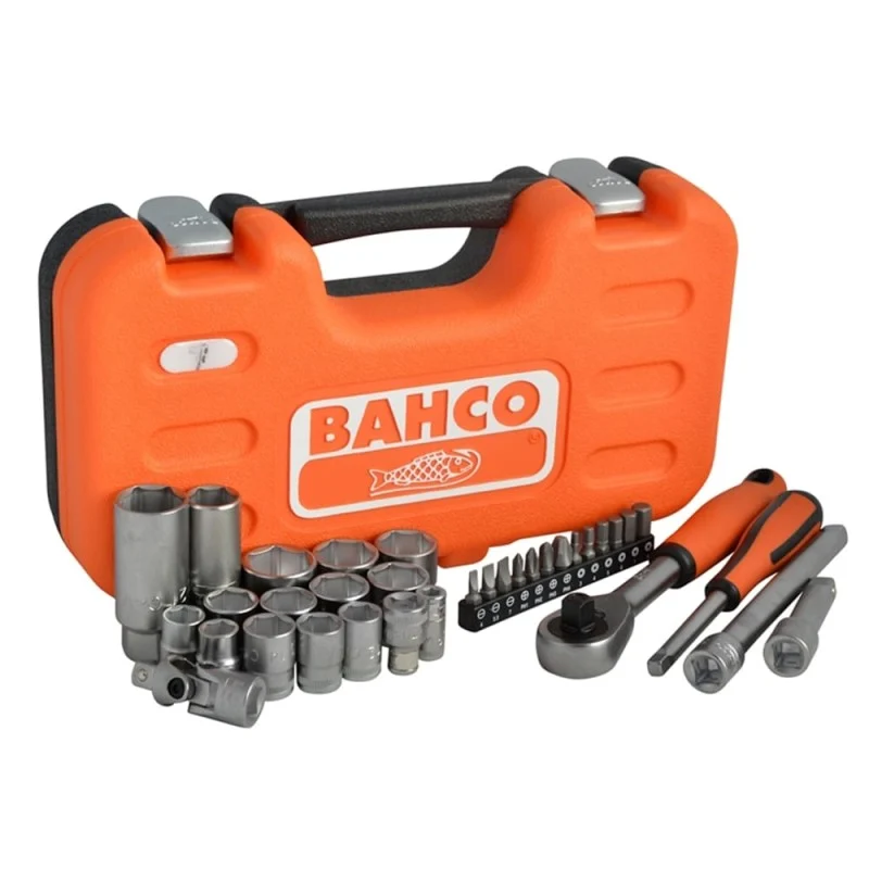 Bahco socket set displayed in front of its closed orange case, with sockets and accessories arranged alongside.
