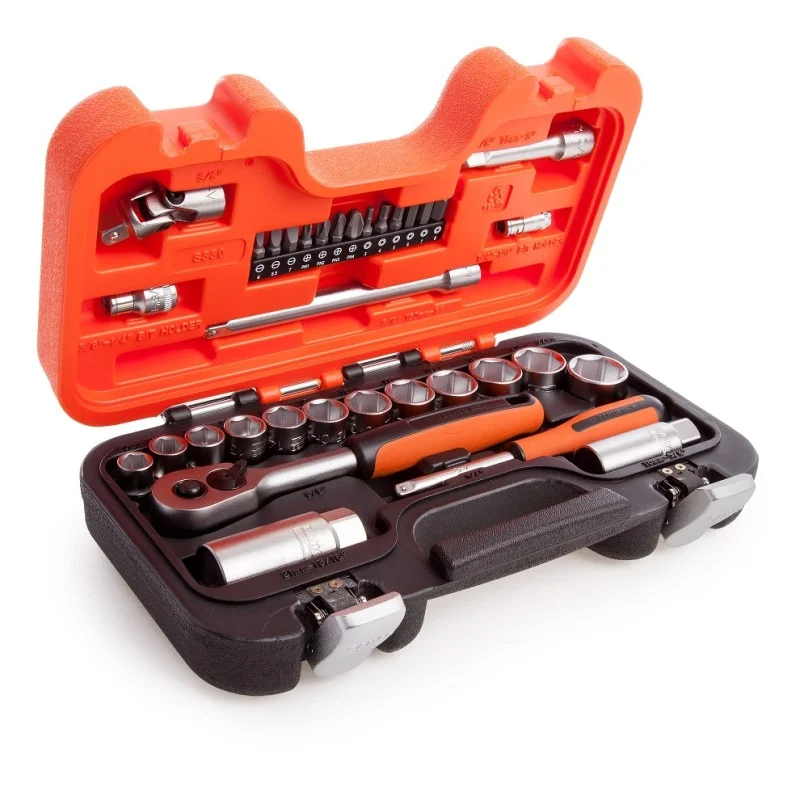 Angled view of an open Bahco S330 case showing its sockets, bits and ratchet accessories.