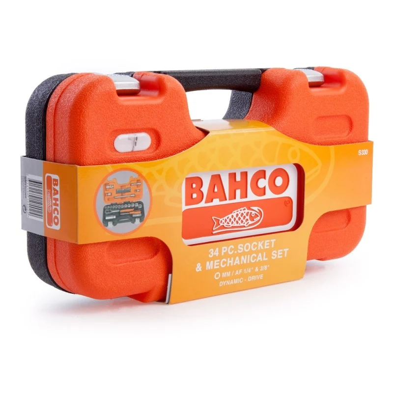 Closed orange Bahco S330 carry case with its printed retail sleeve fitted around the centre.