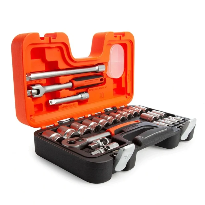 Bahco S240 socket set in an open orange and black case with ratchet, sockets and extensions.