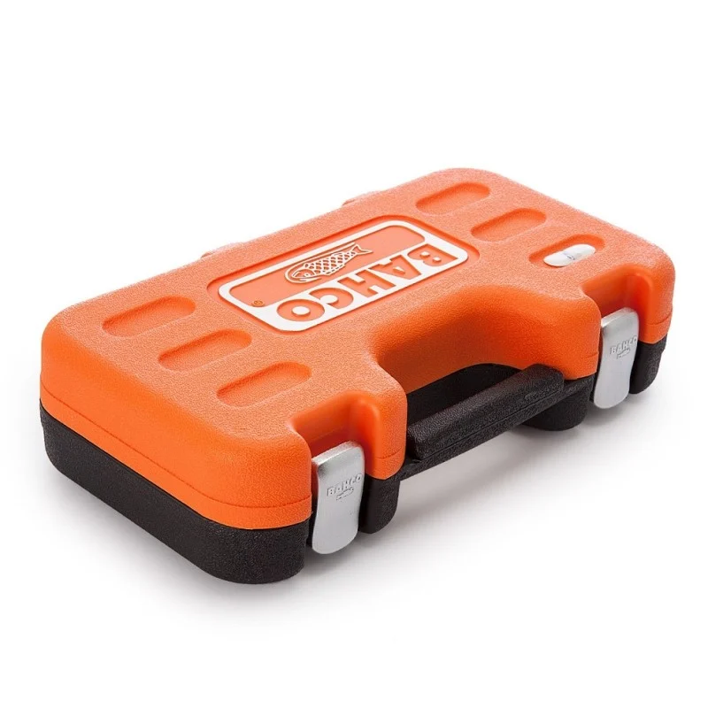 Closed orange and black Bahco S240 carry case with a recessed handle and two front catches.