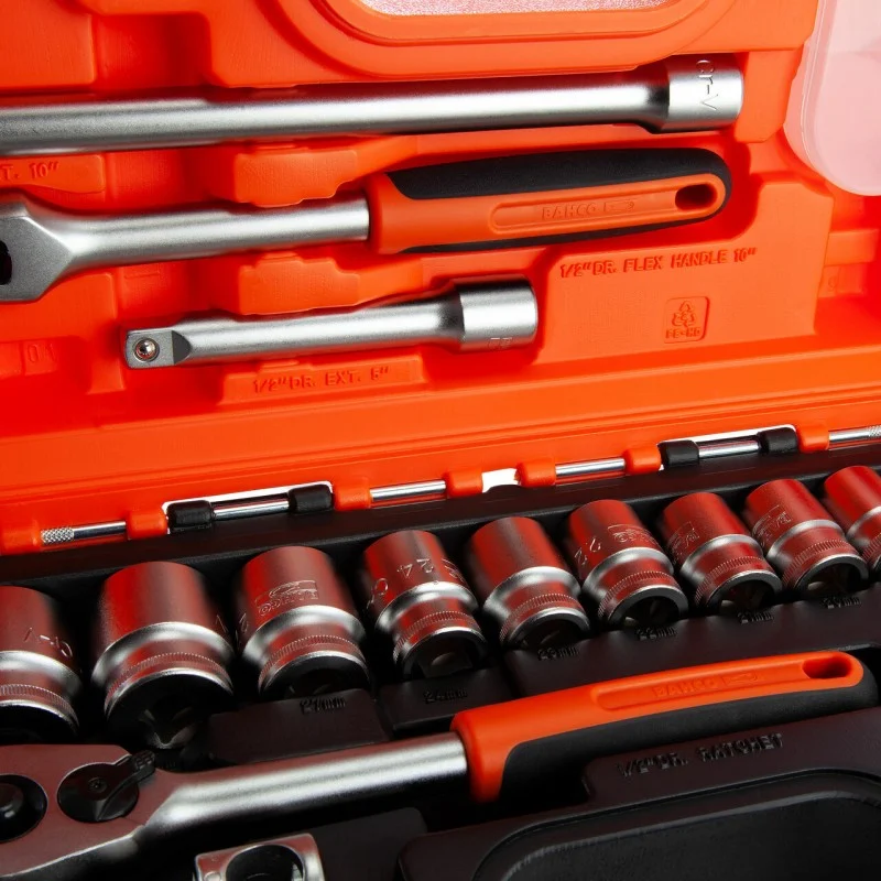 Close-up of the open Bahco S240 case showing sockets, extensions and the ratchet handle.