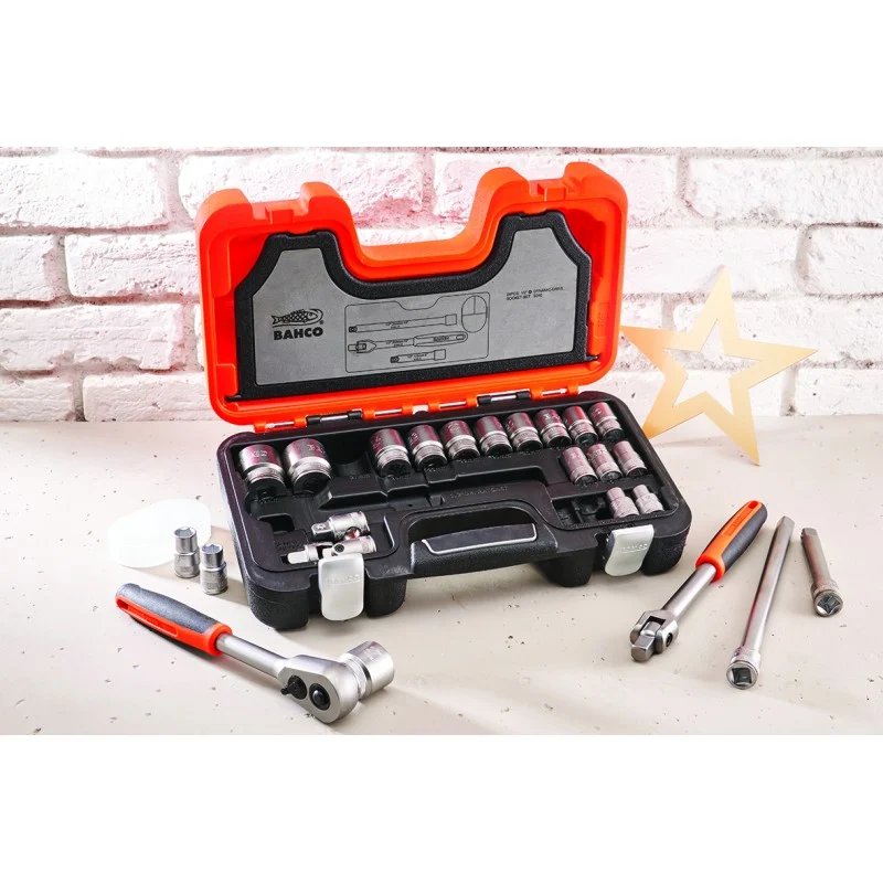 Open Bahco socket set on a worktop with a ratchet and extension accessories displayed in front.