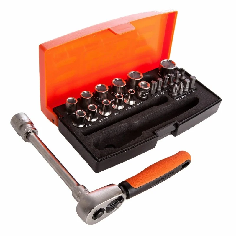 Bahco SL25 socket set in its open compact case, with the ratchet and extension laid in front.