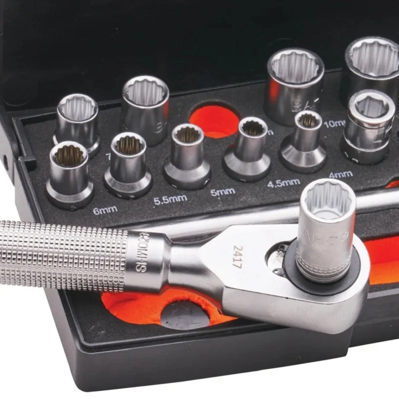 Close-up of a Bahco special edition socket set showing the metal ratchet handle, ratchet head and sockets.