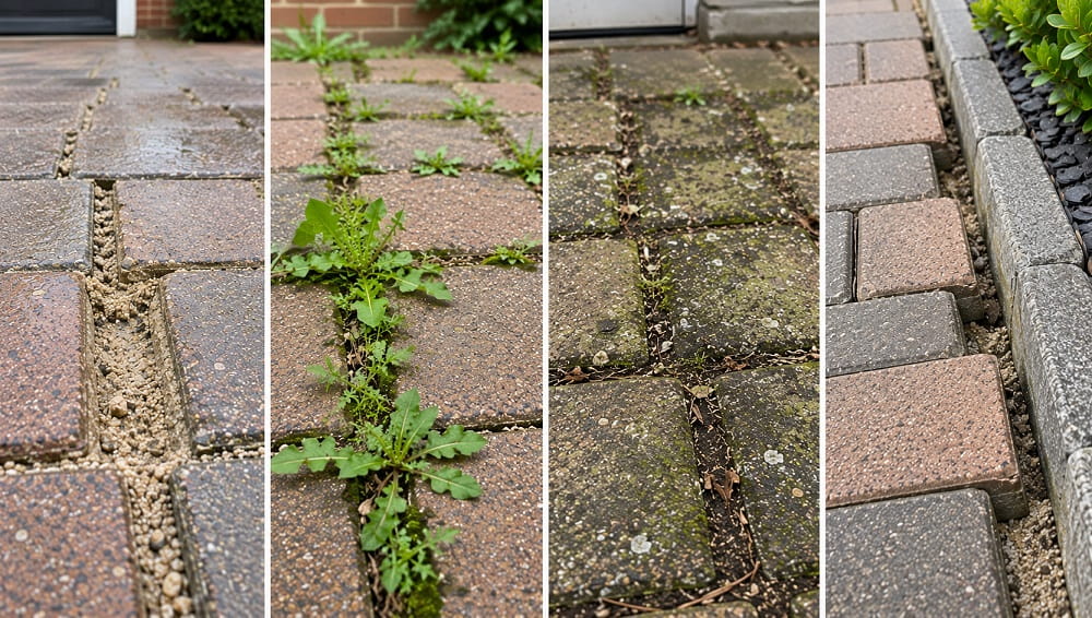 Common block paving joint problems including washed-out sand, weeds, dirty joints and spreading edges