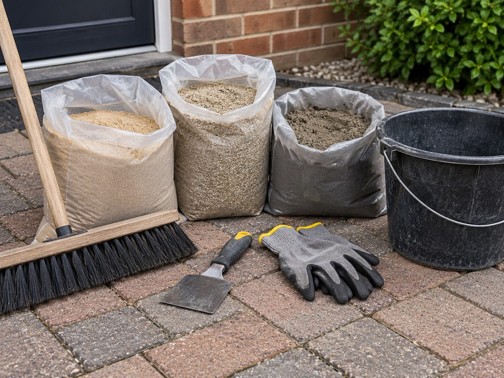 Jointing sand, pointing compound and preparation tools for maintaining block paving