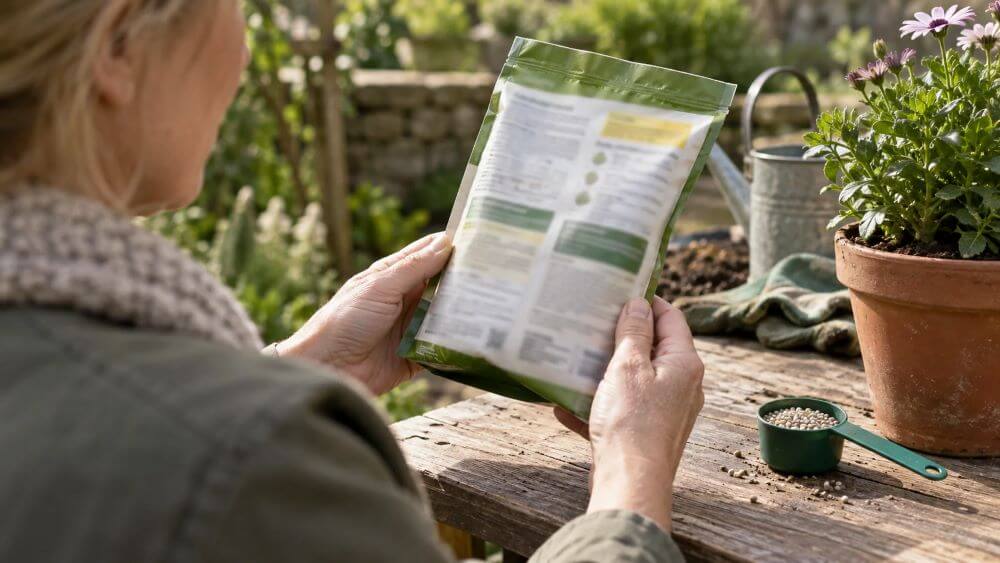 A gardener examines an unbranded fertiliser packet beside a measuring scoop and plant pot.